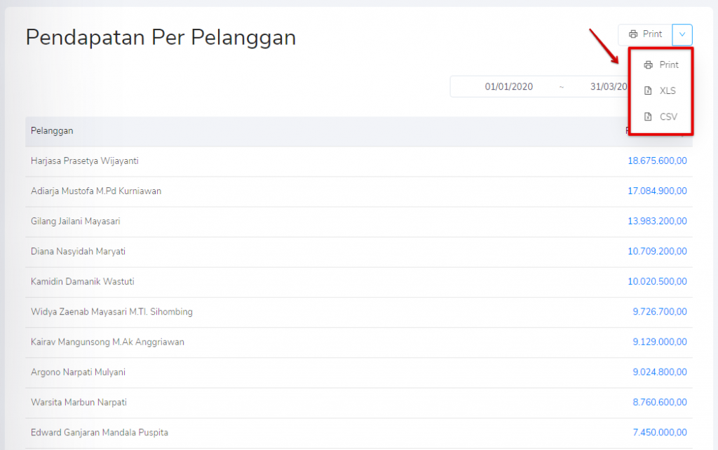 Print laporan pendapatan per pelanggan Target9Pos