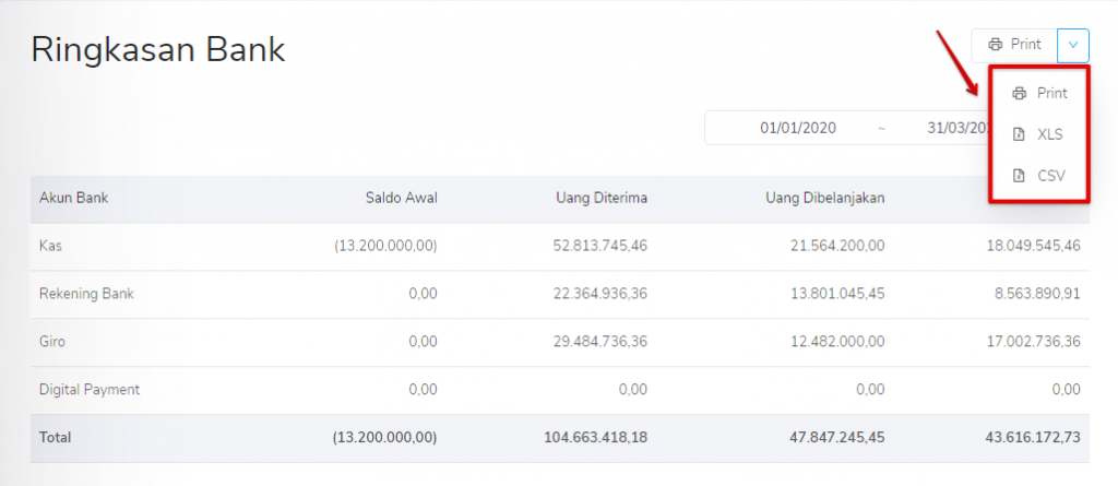 Print ringkasan bank Target9Pos