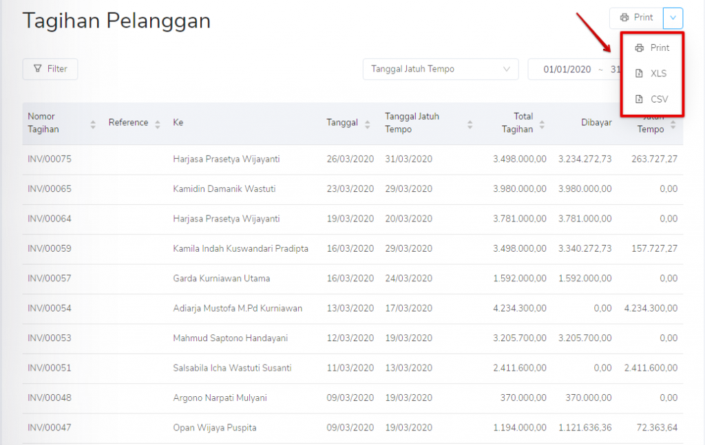 Print laporan tagihan pelanggan Target9Pos