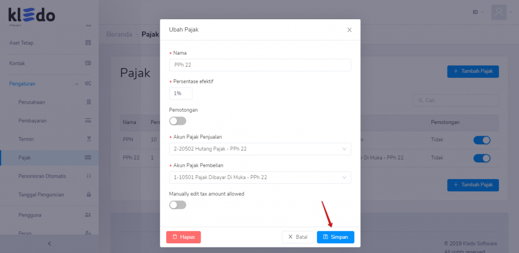 Simpan pajak yang telah diubah
