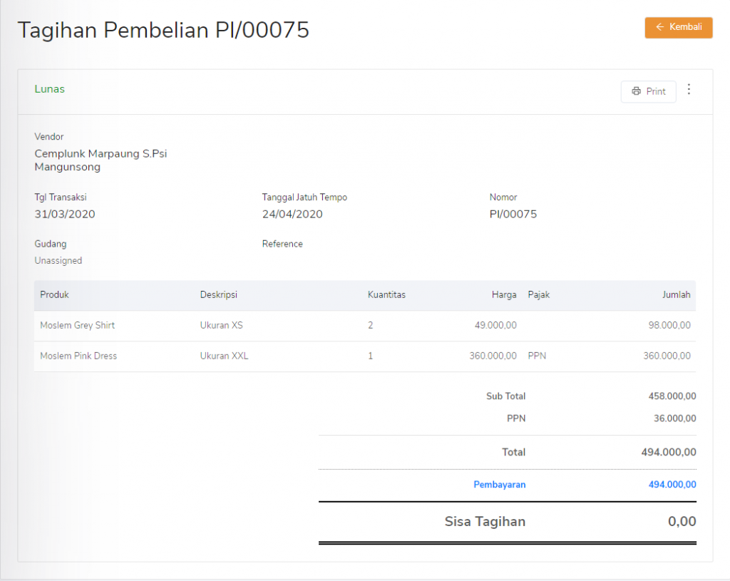 Tagihan pembelian per vendor Target9Pos