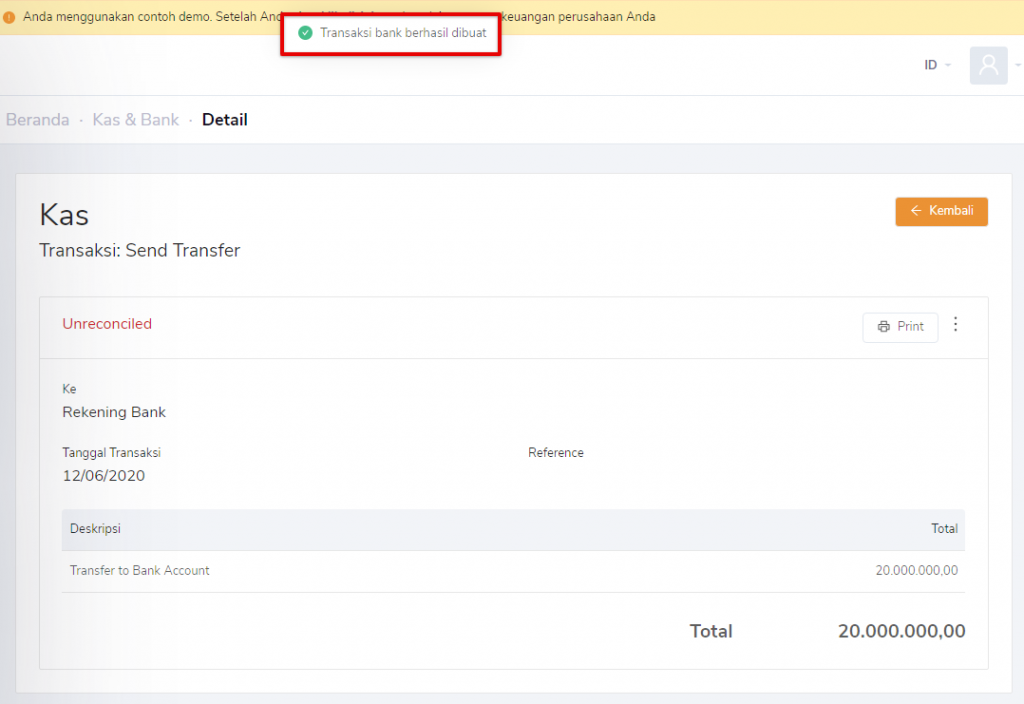 Transfer dana berhasil