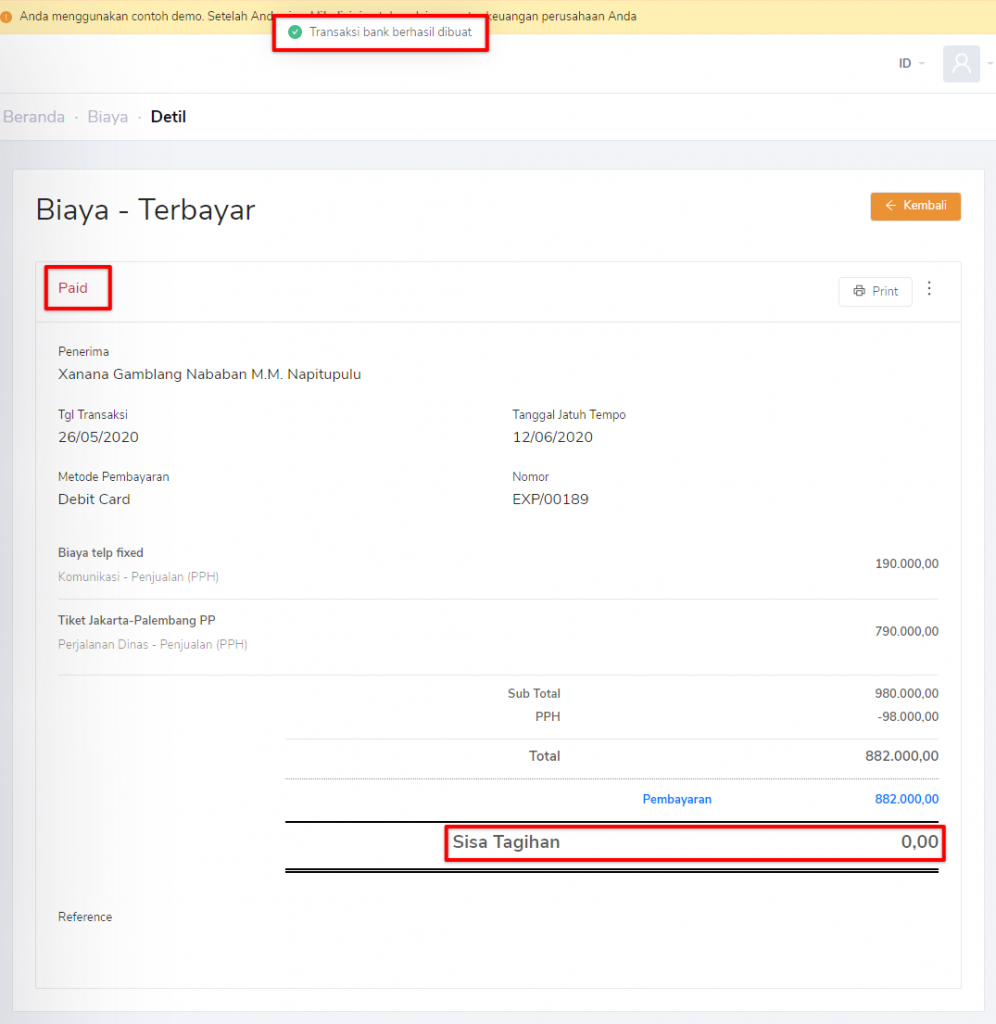 Tagihan biaya sudah dilunasi