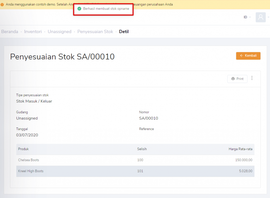 Penyesuaian stok pada Target9Pos berhasil