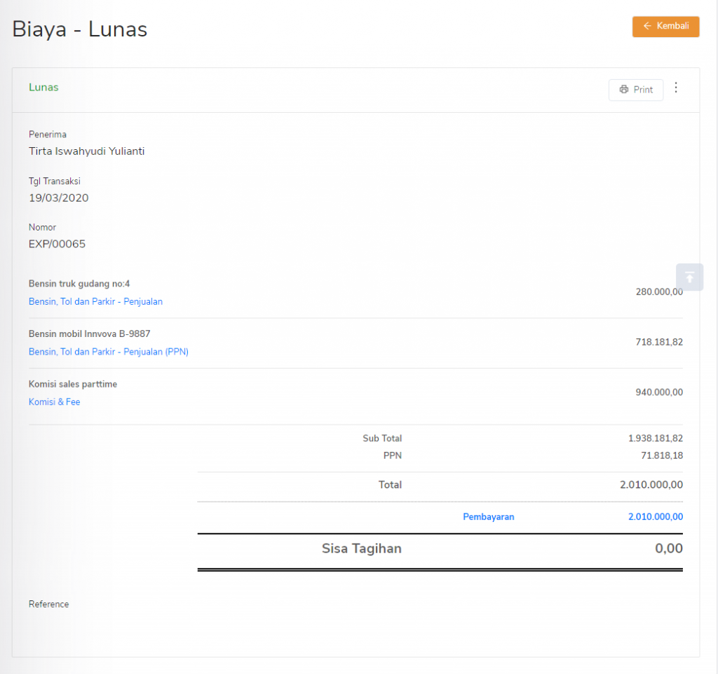 Transaksi biaya dari laporan biaya per kontak