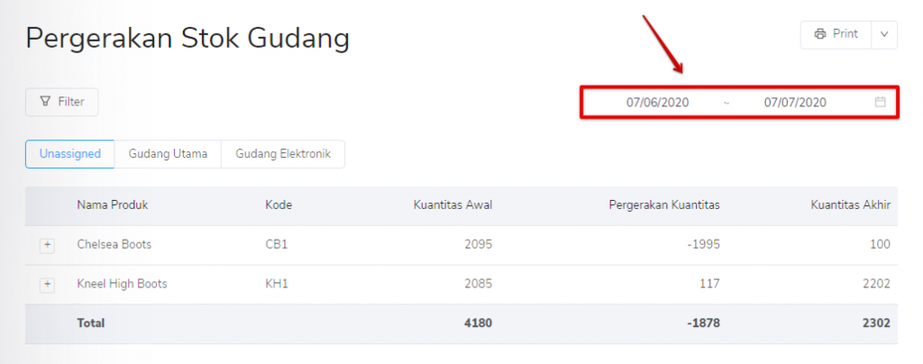 Filter periode laporan pergerakan stok gudang