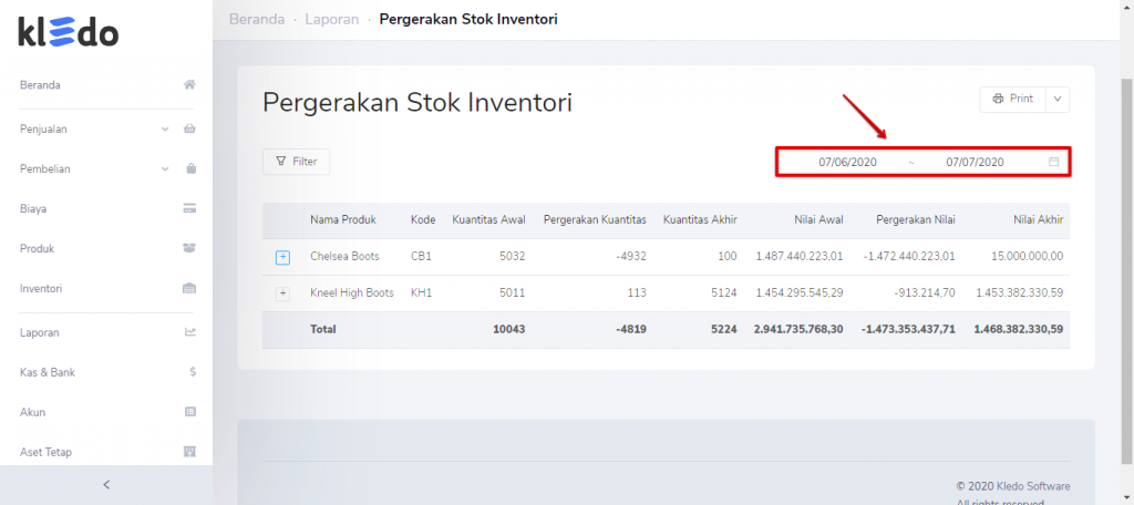 Filter periode pergerakan stok inventori