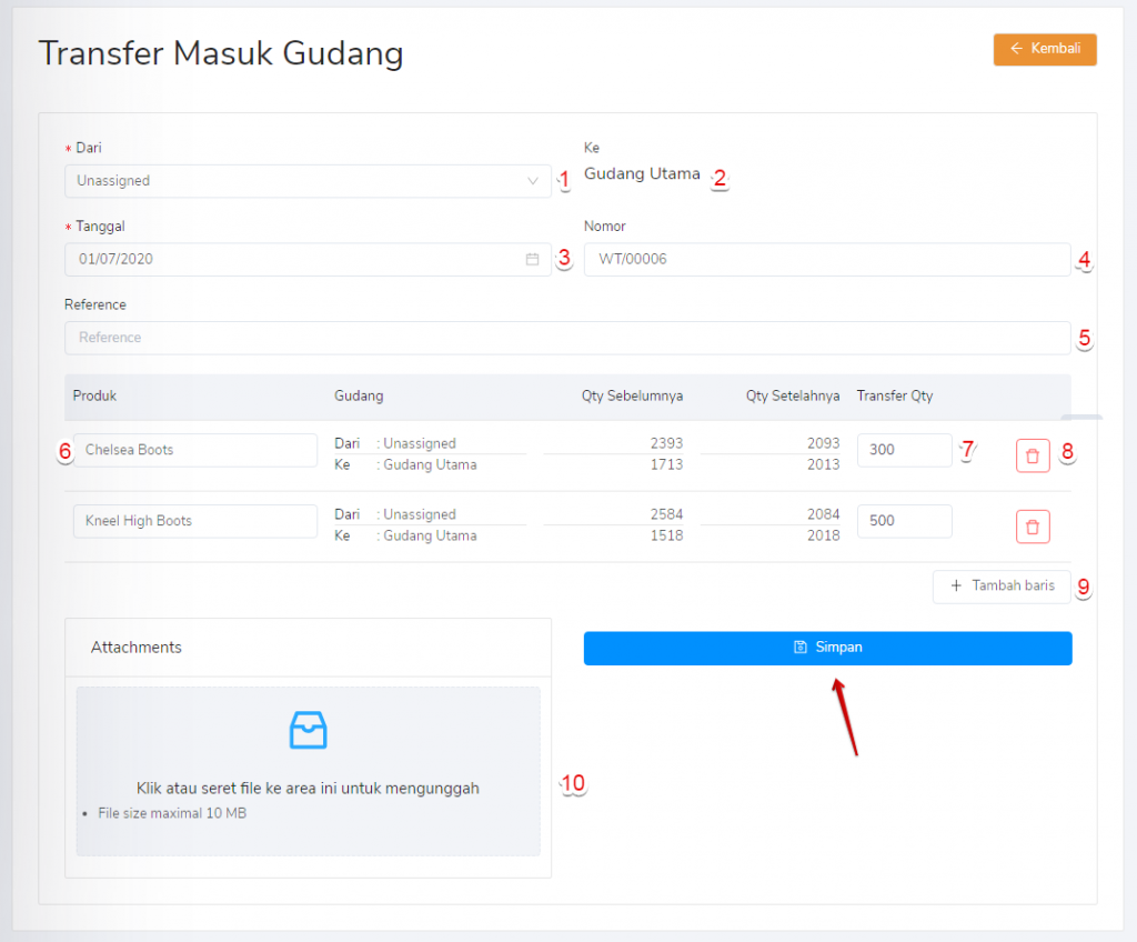 Form transfer masuk gudang Target9Pos