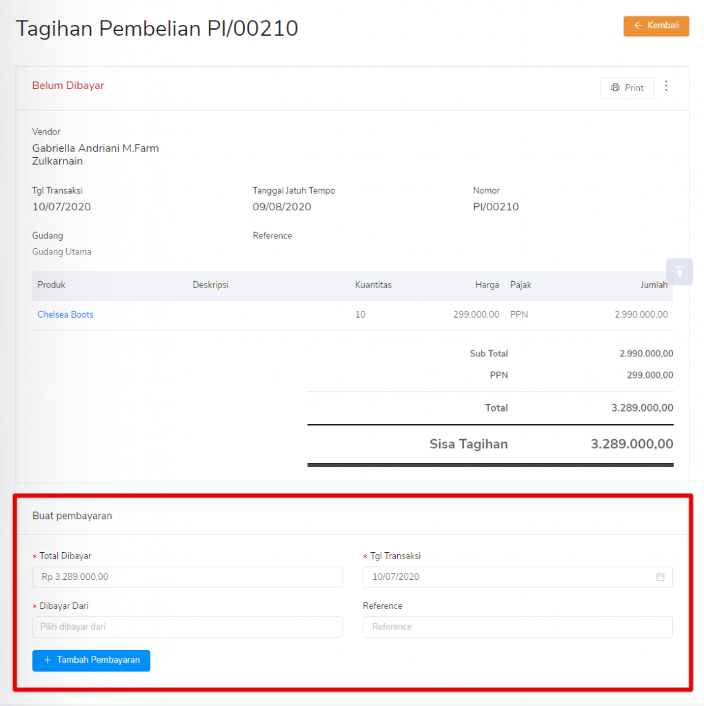 Catat pembayaran tagihan pembelian Target9Pos