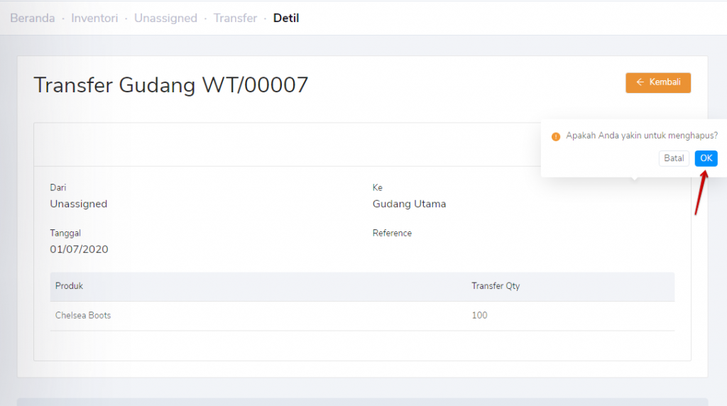 Hapus transaksi transfer gudang ok
