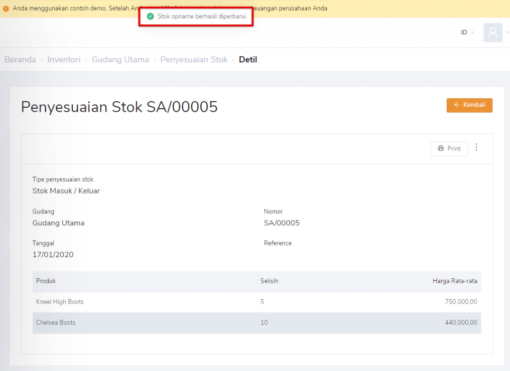 Penyesuaian stok berhasil diperbarui