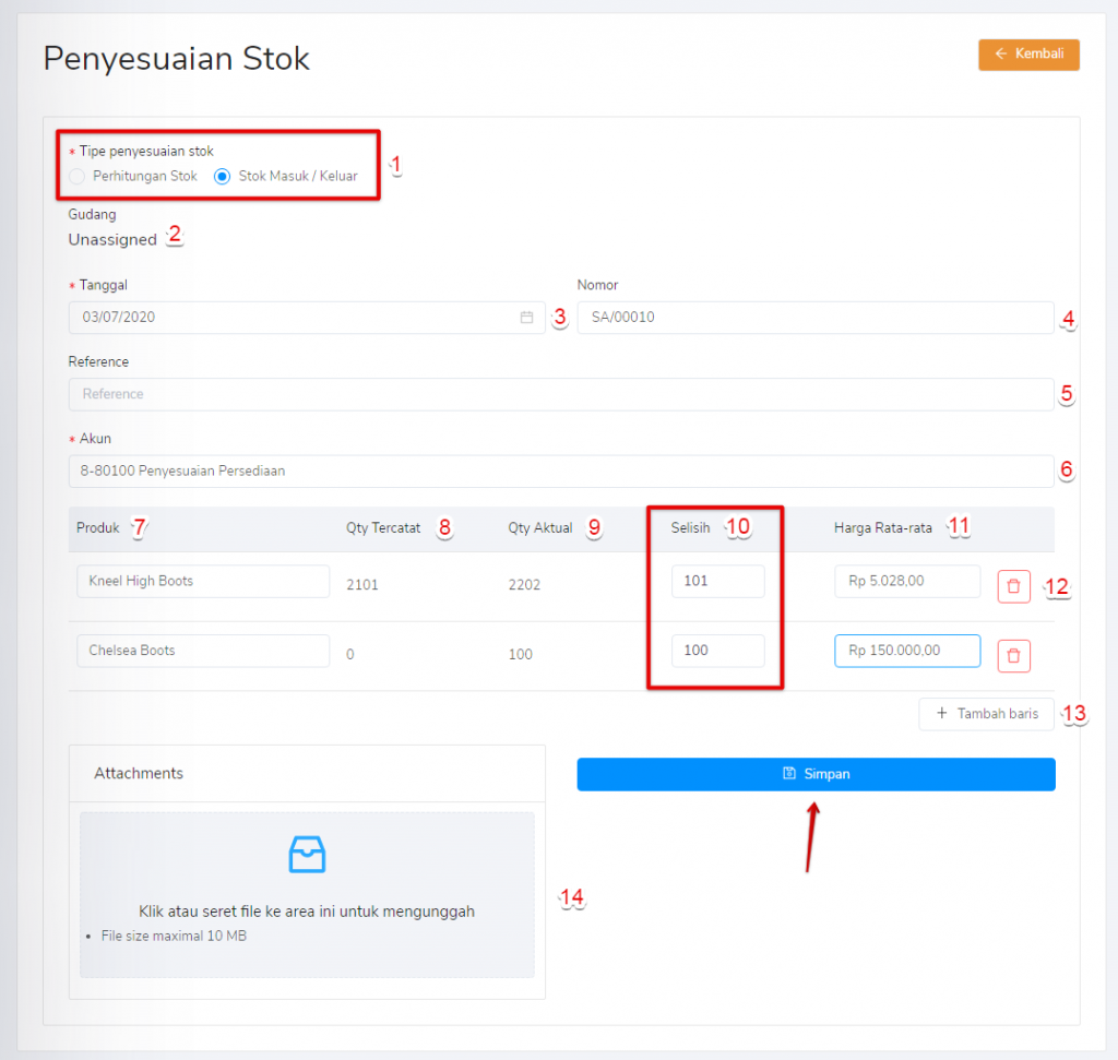 Tipe penyesuaian stok mauk/keluar Target9Pos