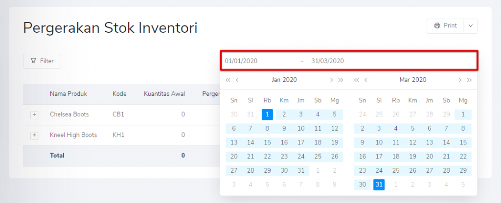 Periode yang dipilih pada laporan pergerakan stok inventori Target9Pos