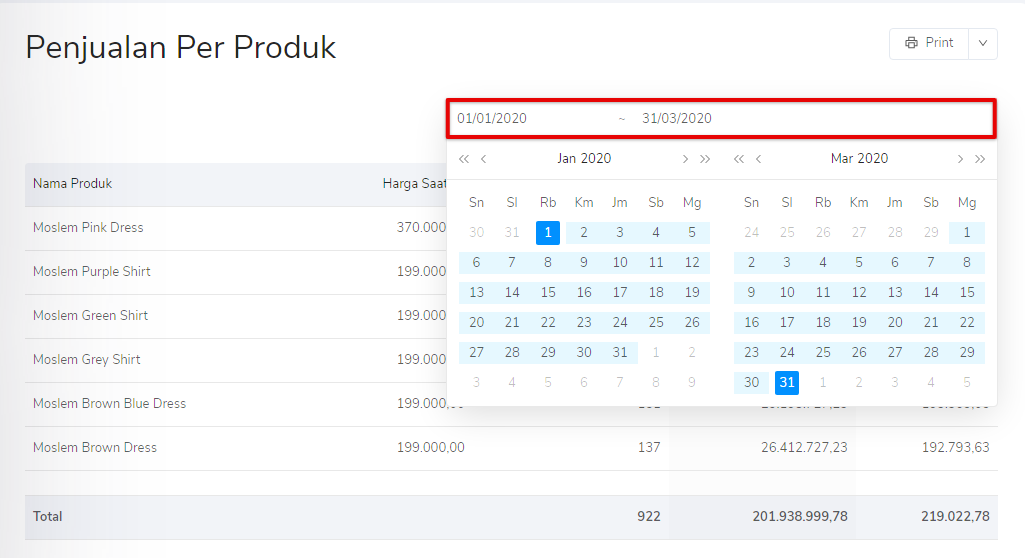 Pilih tanggal periode penjualan per produk Target9Pos
