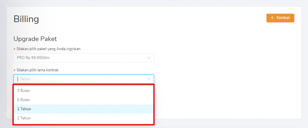 Pilih lama kontrak upgrade paket Target9Pos