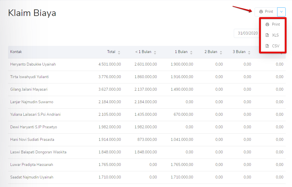 Print detil klaim biaya pada Target9Pos