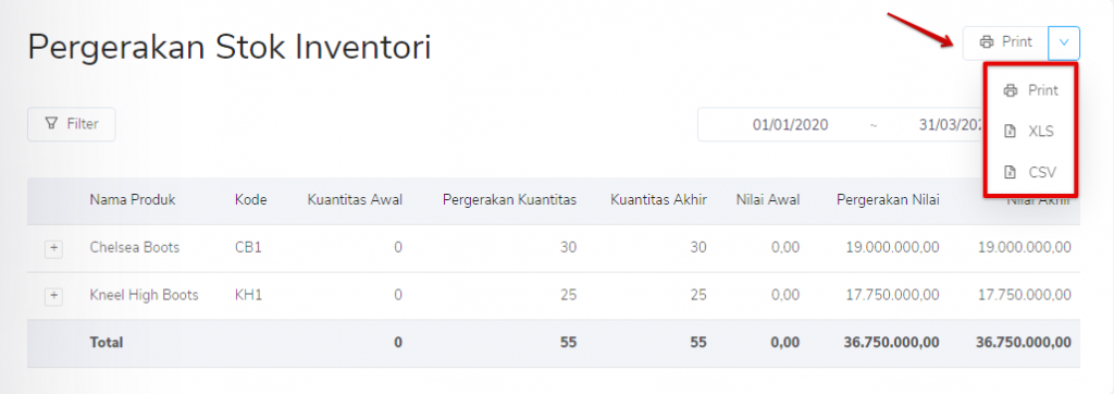 Print laporan pergerakan stok inventori Target9Pos 