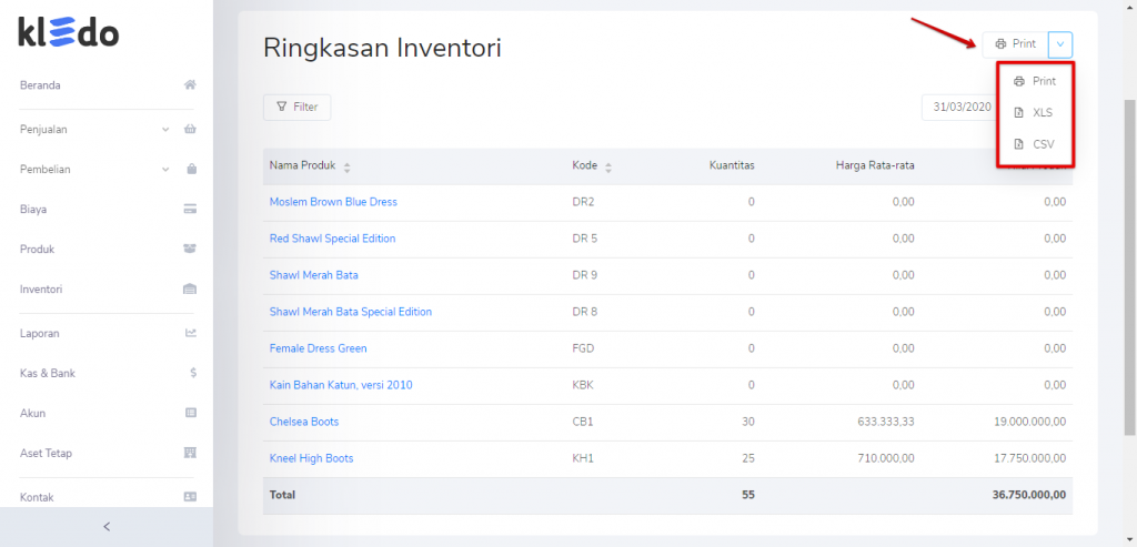 Print laporan ringkasan inventori Target9Pos