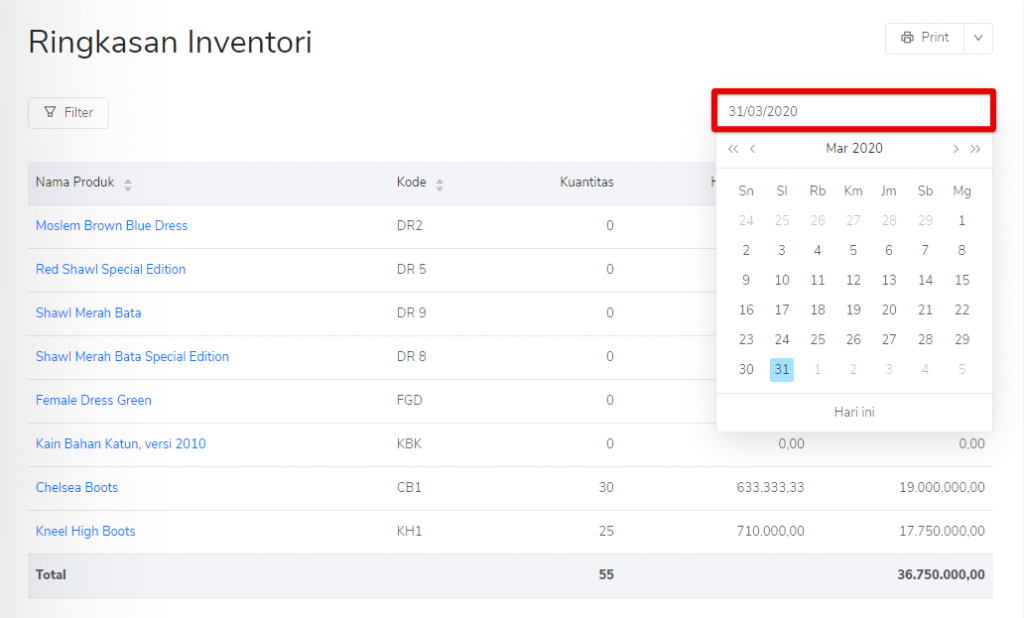 Tanggal dipilih ringkasan inventori