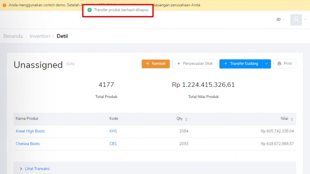 Hapus transaksi transfer gudang berhasil