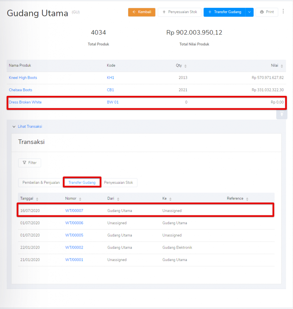 Transaksi transfer gudang sudah tercatat di gudang awal