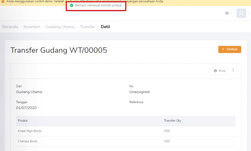Transfer keluar gudang berhasil