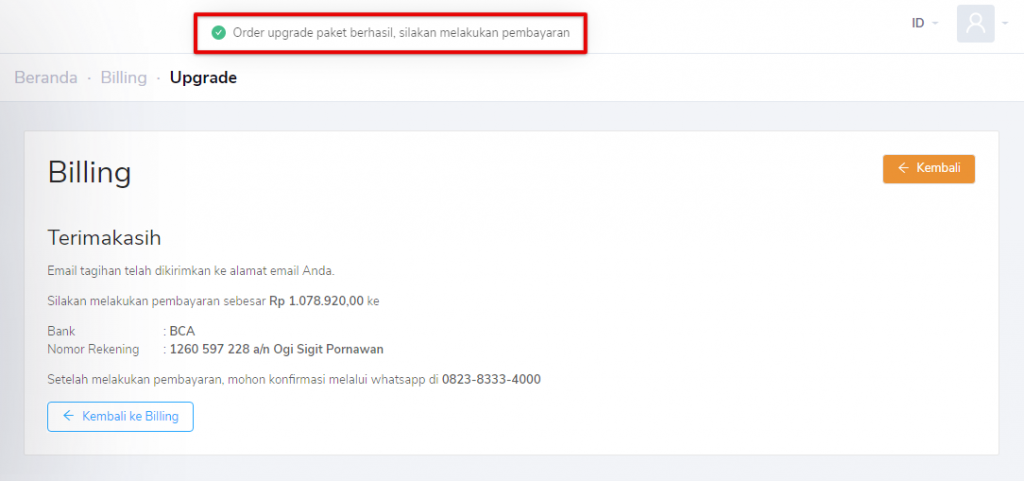Upgrade paket berhasil, menunggu pembayaran