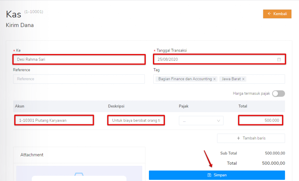 Isi Form Kirim Dana untuk Mencatat Kasbon Karyawan