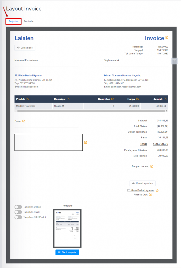 Masuk ke pengaturan layout invoice bagian penjualan