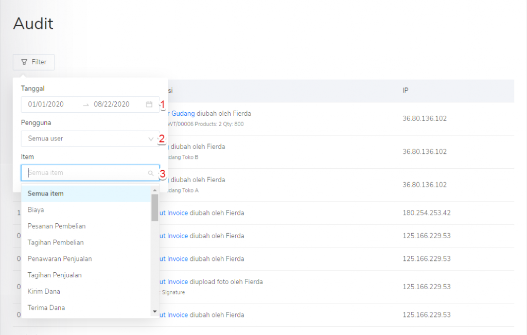 Filter menu Audit di Pengaturan Target9Pos