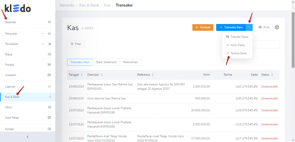 Catat pada Fitur Terima Dana di Kas & Bank untuk Pelunasan Piutang Karyawan