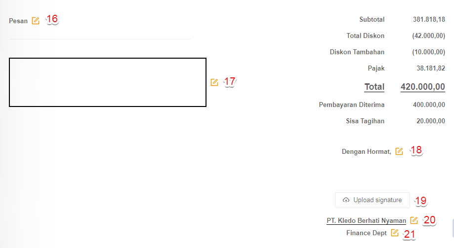 Ubah kolom pesan dan otoritas pada layout invoice Target9Pos