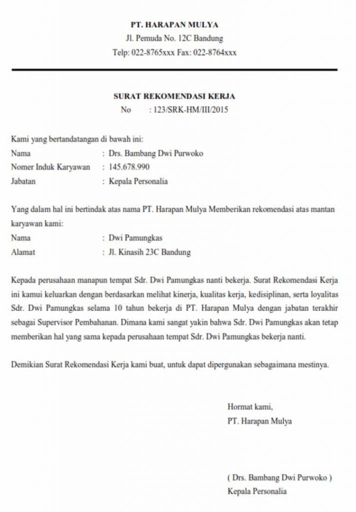 contoh surat rekomendasi