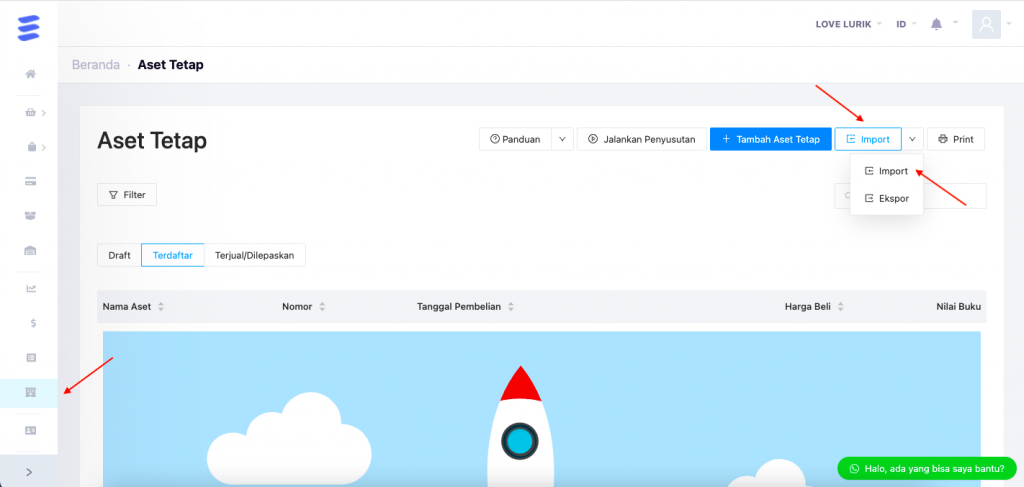 Masuk menu Aset Tetap lalu pilih Import