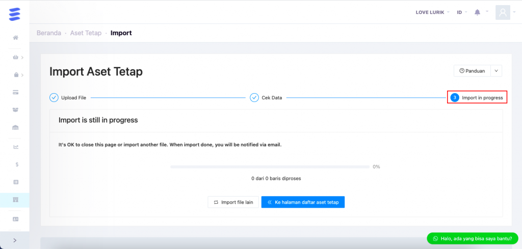 Proses Import Aset Tetap Berhasil