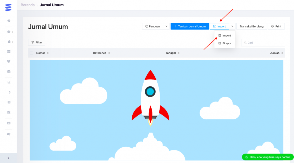 Klik import pada fitur Jurnal Umum untuk mengupload data