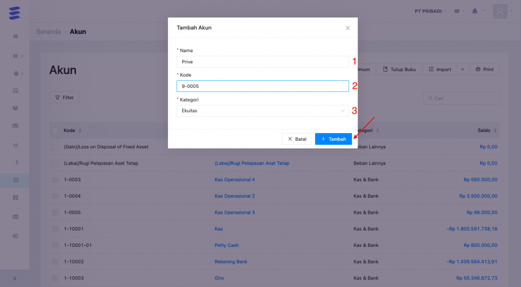Tambah Akun Prive