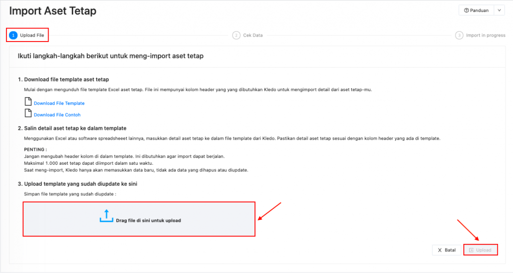 Upload file Aset Tetap sesuai template