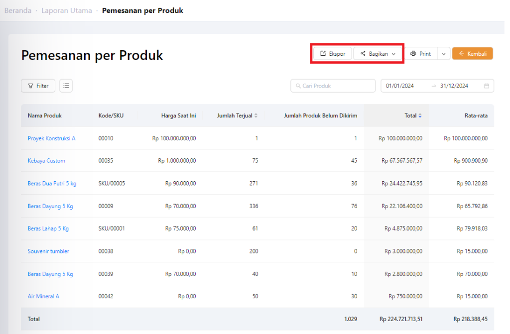Fitur ekspor bagikan pemesanan per produk