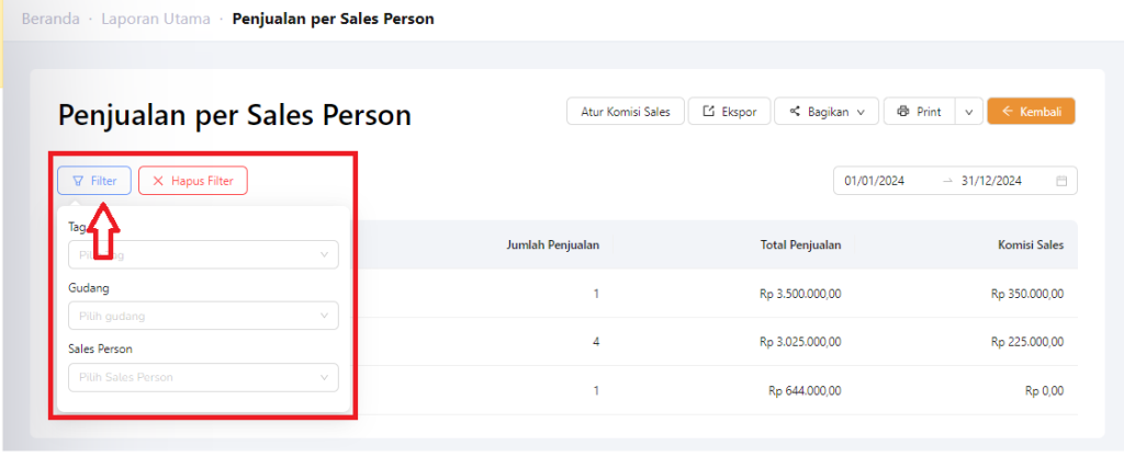 Fitur filter laporan penjualan per sales person