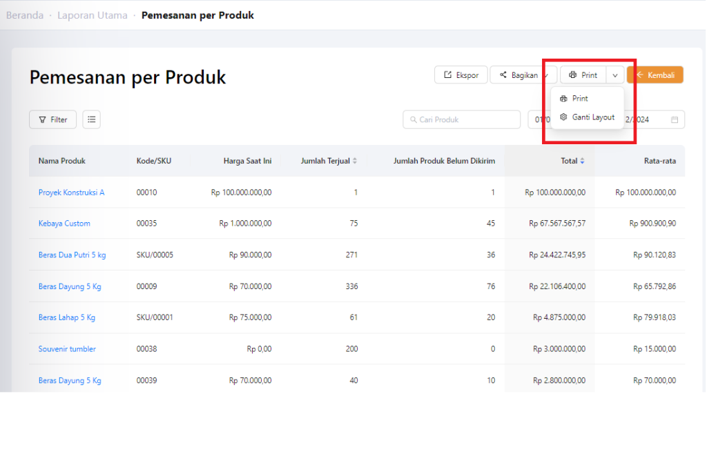 Fitur print pemesanan per produk