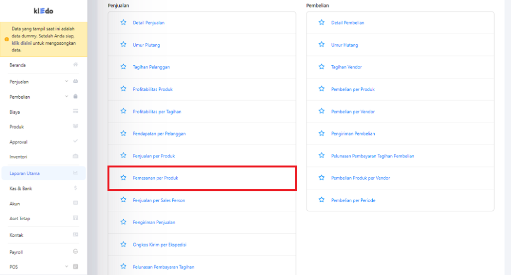 Pilih laporan pemesanan per produk