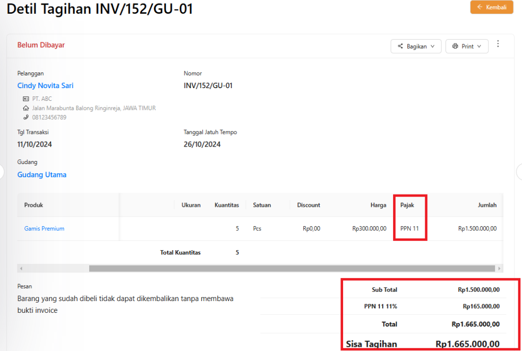 Detail tagihan dan PPN 11%